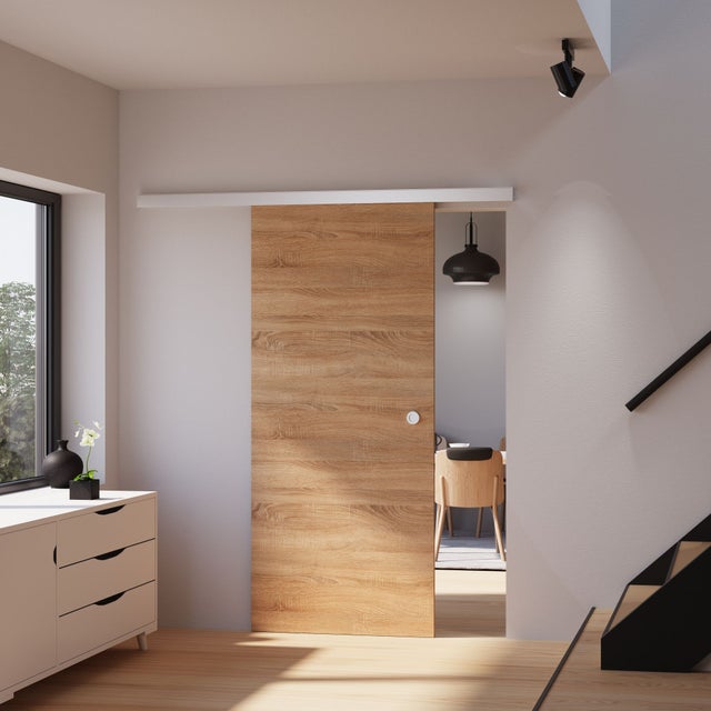 Kit porte coulissante en bois Chêne porte à âme pleine + rail aluminium H.203 x l.75 cm, SCHULTE, double amortisseur, porte intérieure