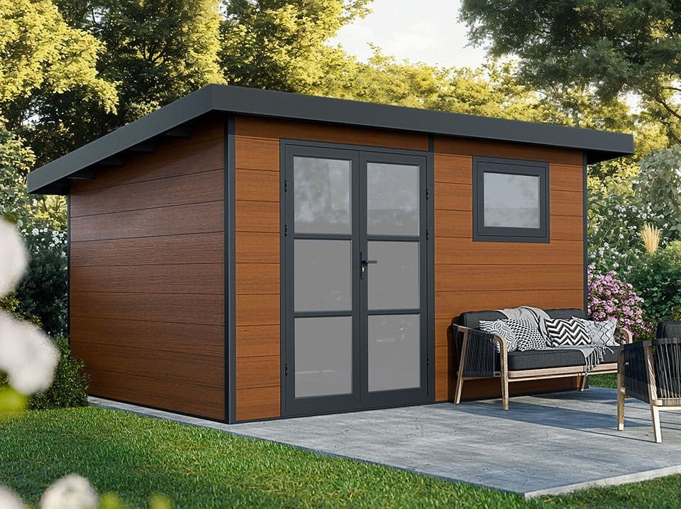 Caseta De Jardín Vente-unique HAZELTON De 10,43 M² – Madera Compuesta Natural Oscura, Doble Puerta Y Techo De Una Pendiente