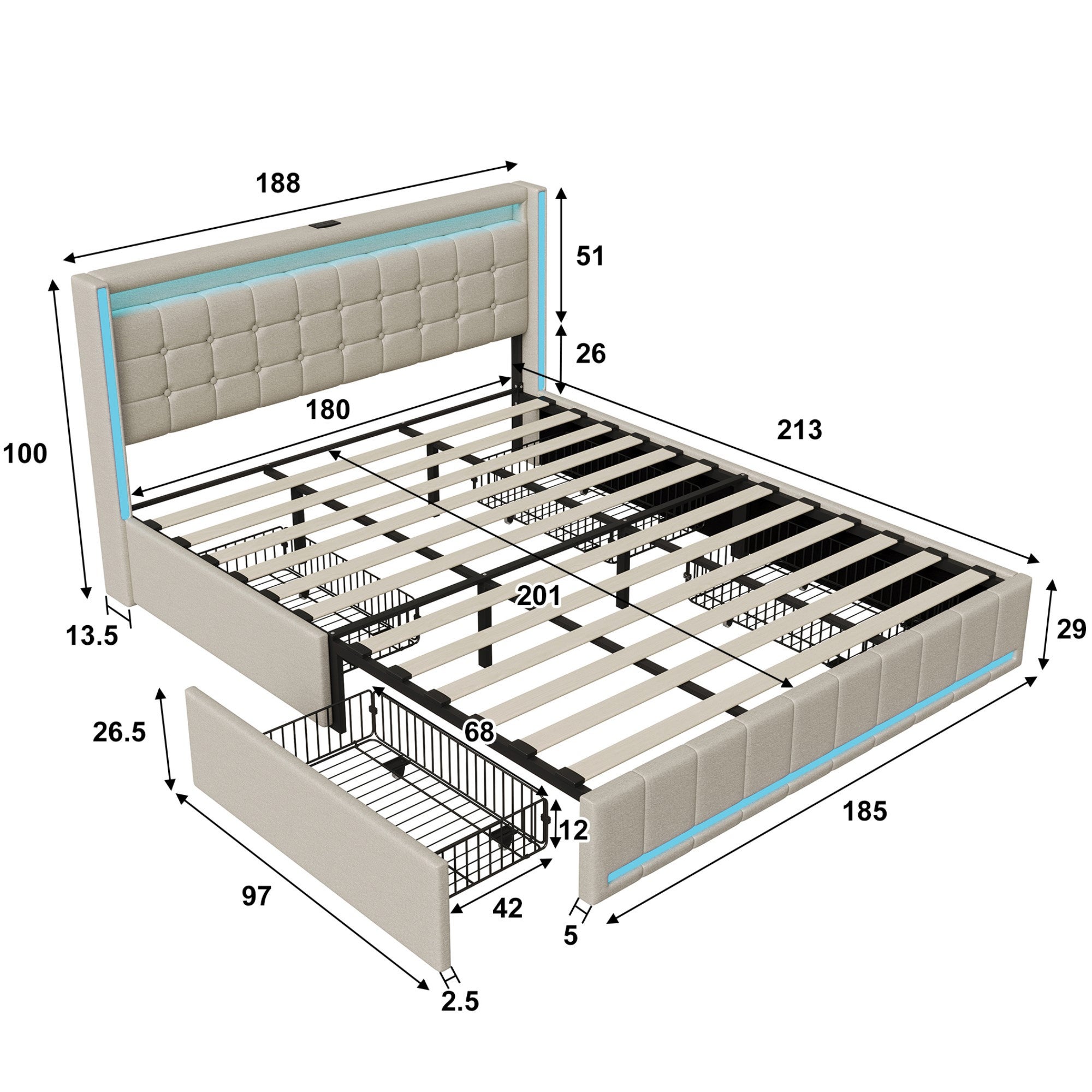Lit 180x200 avec 4 tiroirs, sommier à lattes, lit double adulte capitonné, tête de lit LED, ports USB et Type-C, lit king size, tissu lin, Beige - 5