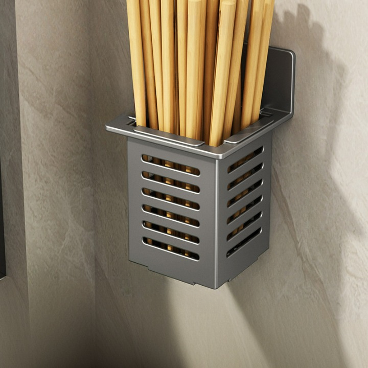 Koszyk na pałeczki ze stali nierdzewnej na przybory kuchenne, do montażu na ścianie, ciemnoszary, 15,4*9,6*9,6 cm