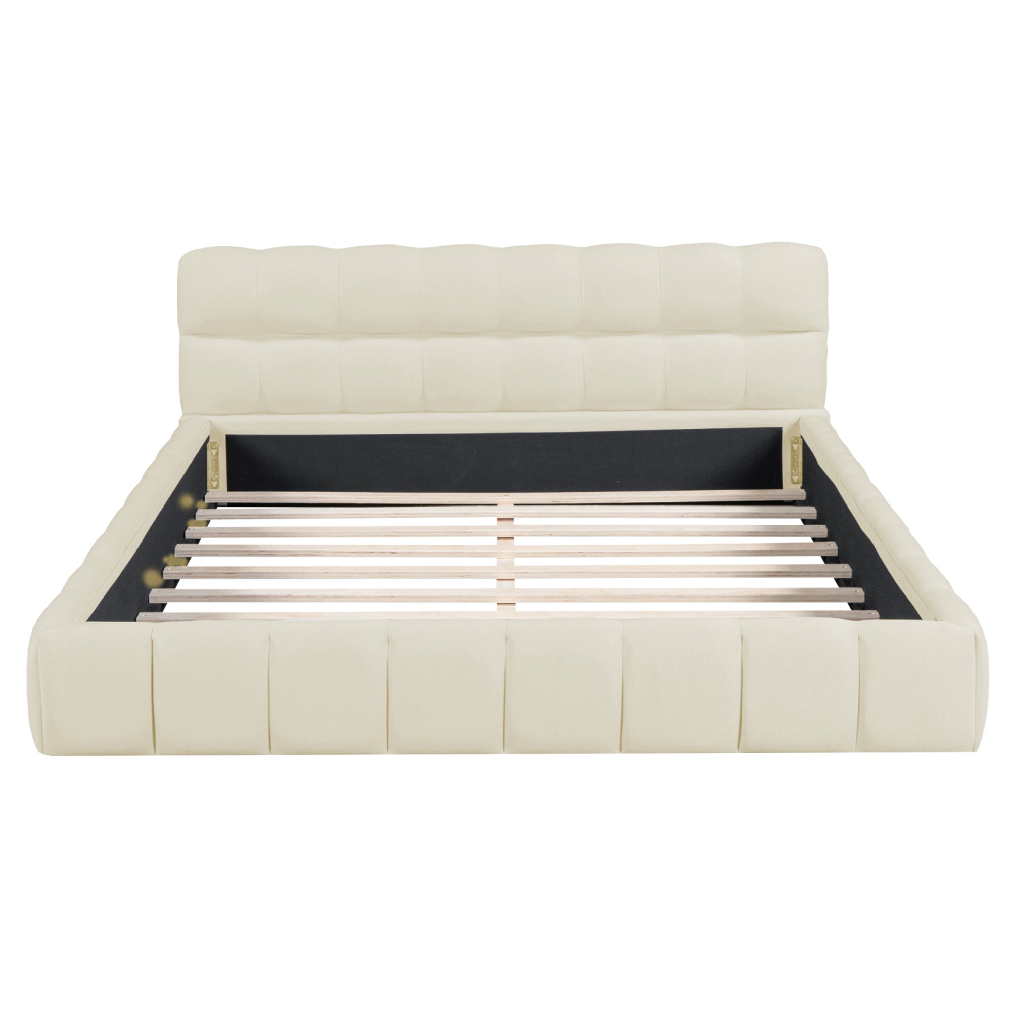 Lit 140x190 cm avec sommier à lattes, Style crémeux, tissu en lin, lit double, lit adulte, 140x190 cm, beige - 4
