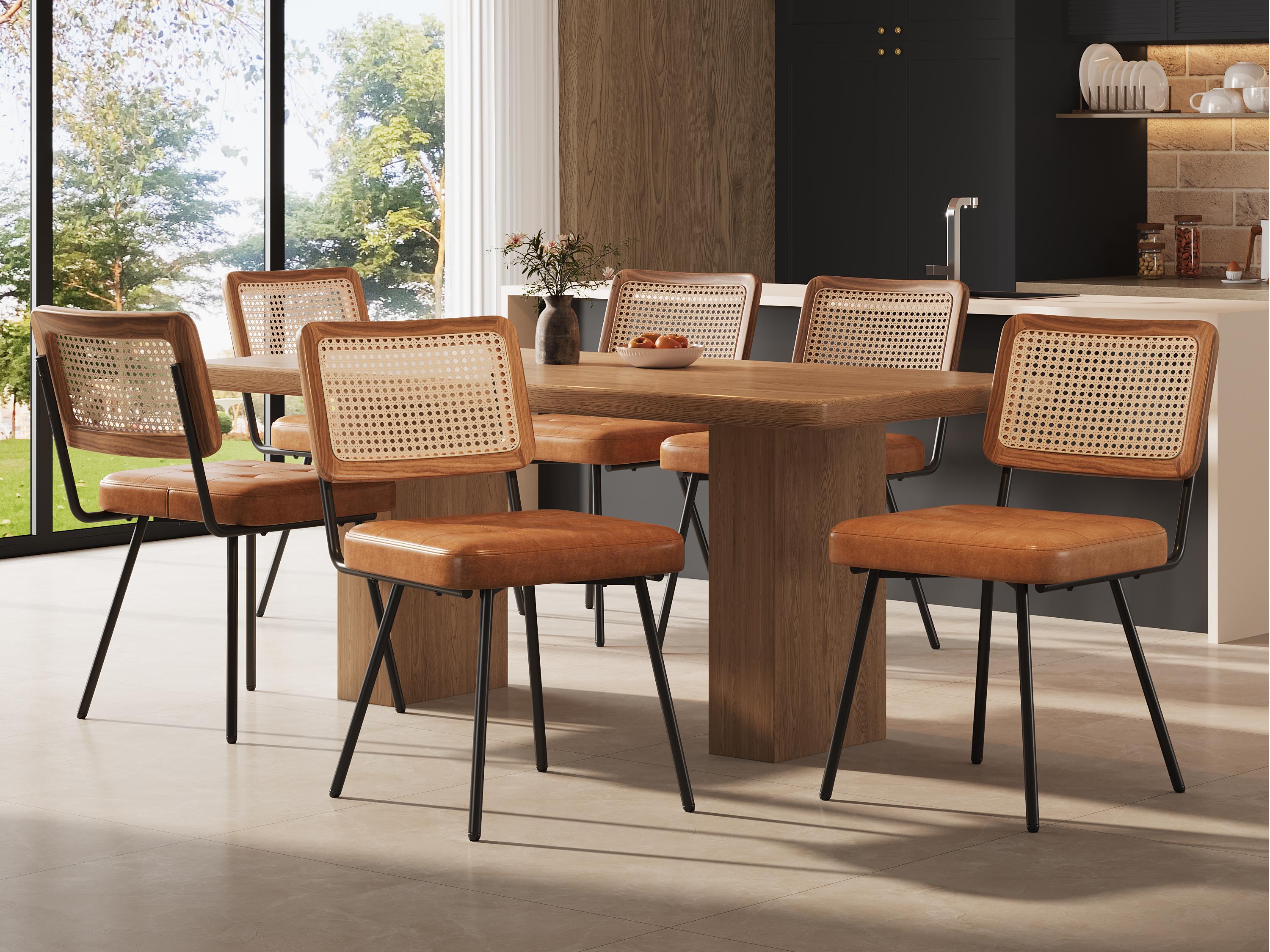 Zestaw 6 tapicerowanych krzeseł do jadalni - Skóra ekologiczna - Rattan - Metalowa rama - Styl retro - Brązowy