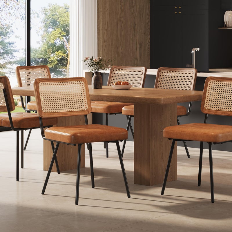 Zestaw 6 tapicerowanych krzeseł do jadalni - Skóra ekologiczna - Rattan - Metalowa rama - Styl retro - Brązowy