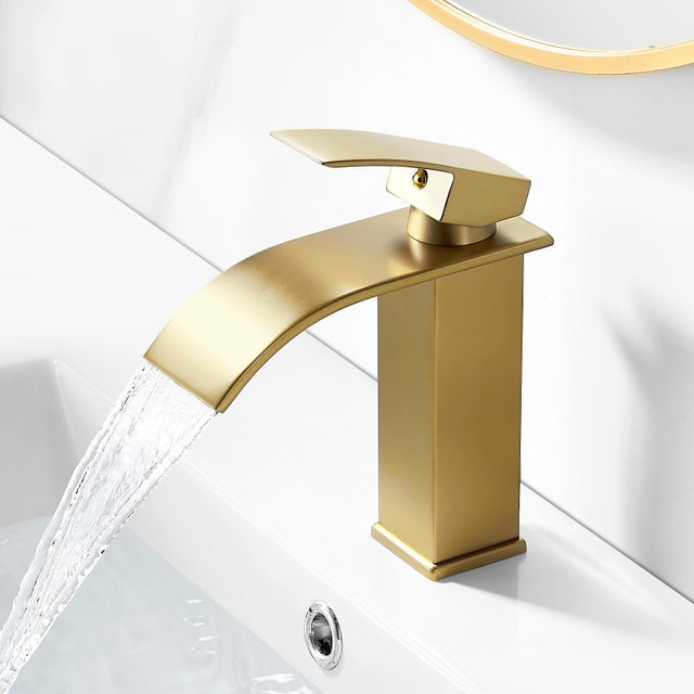 Mitigeur Cascade Doré Brossé Salle de Bain - Robinet Lavabo Moderne sans Tirette en Laiton - Hauteur Bec 107 mm - Élégant pour Vasque