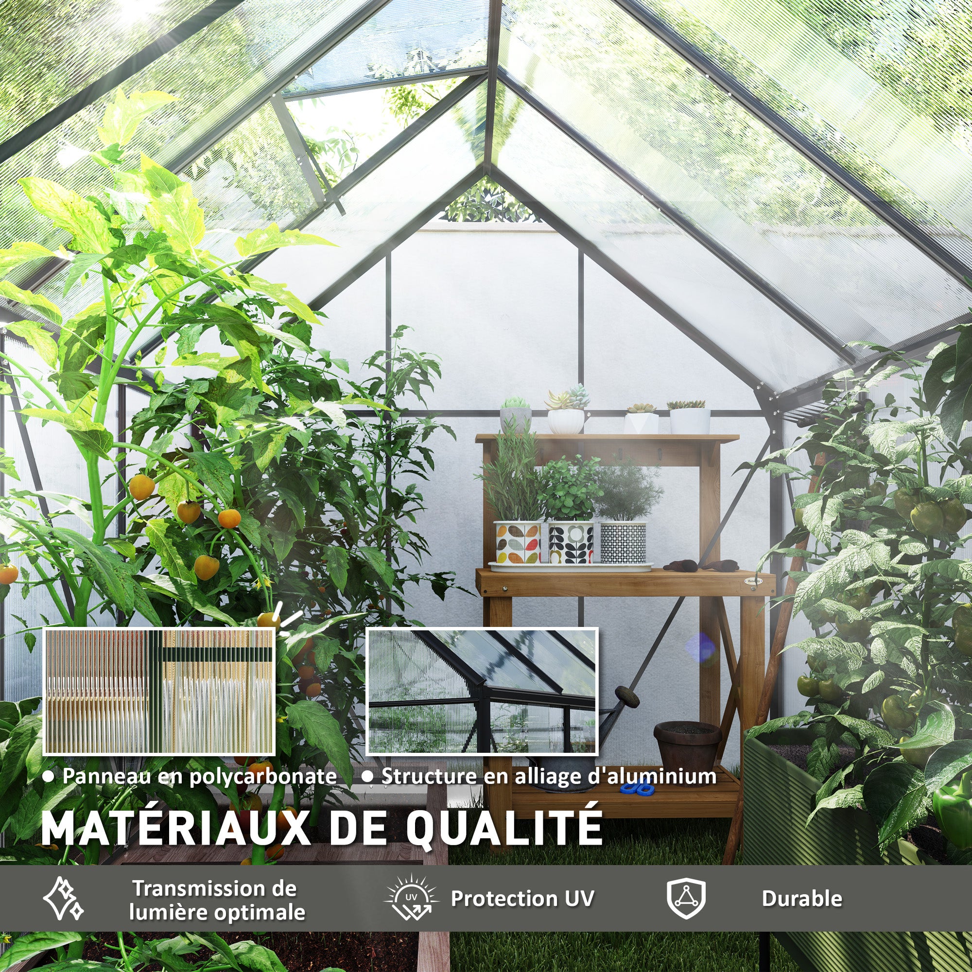 Serre de jardin - Outsunny - 4,8 m² - avec fondation lucarne réglable porte coulissante - polycarbonate 1,9x2,53x1,99m transparent - 4