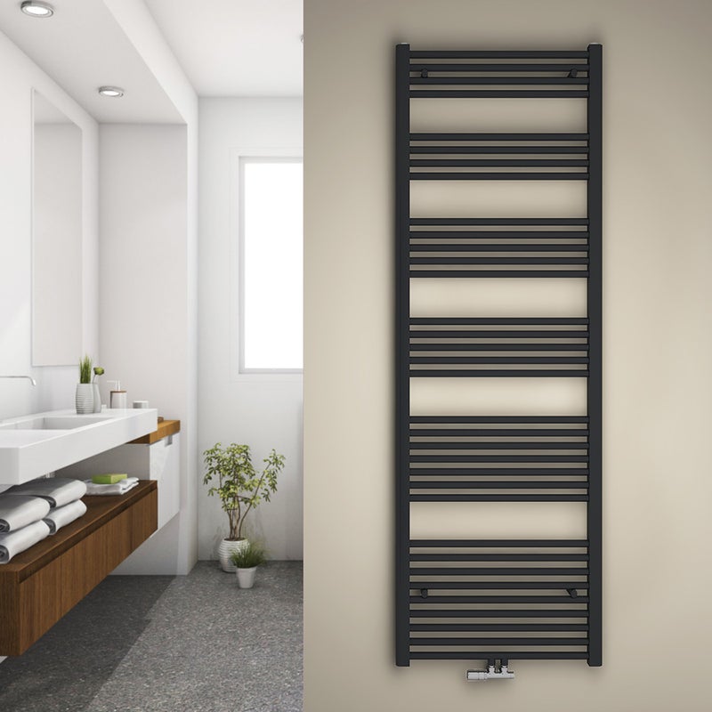 Grzejnik łazienkowy drabinkowy na ciepłą wodę - Stalowy z podłączeniem środkowym - Kolor antracytowy - Wymiary 180 x 60 cm - Moc 860 W