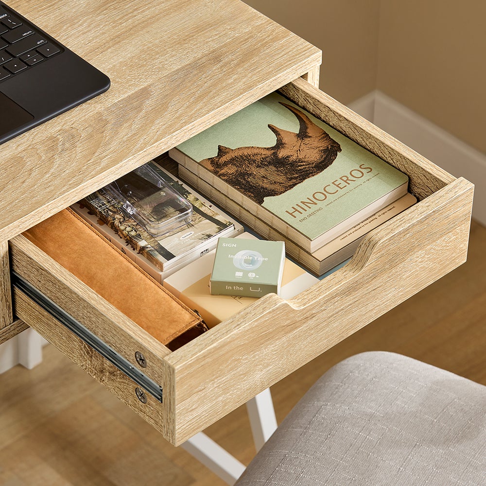 SoBuy FWT63-N Bureau Informatique Table Plan de Travail avec tiroir et étagère Cadre métal, Naturel - 5