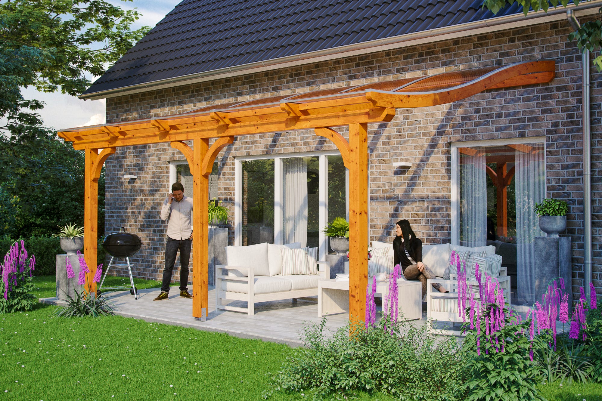 Pergola adossée Beige en bois lamellé collé 18.33 m² | Leroy Merlin