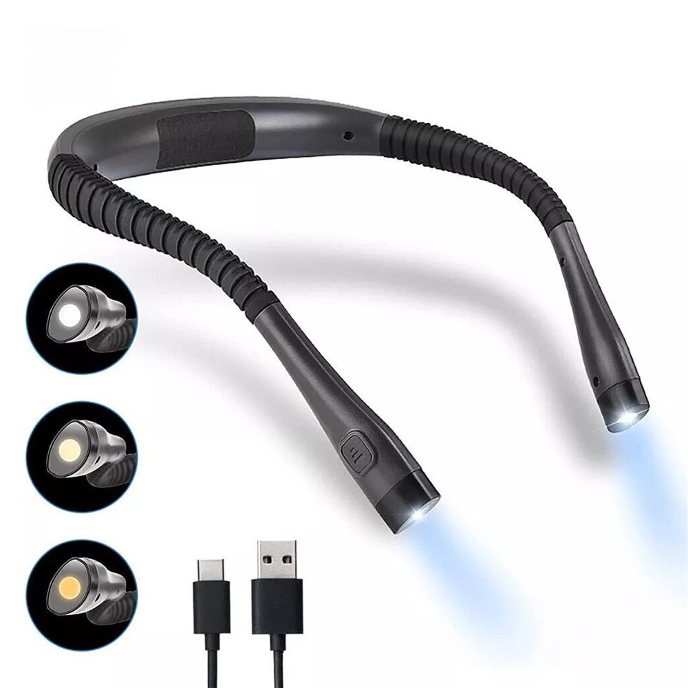 Lampa do czytania w sypialni, ochrona oczu, lampa na szyję, 3 kolory, elastyczne ramię, akumulator, USB typu C, czarna