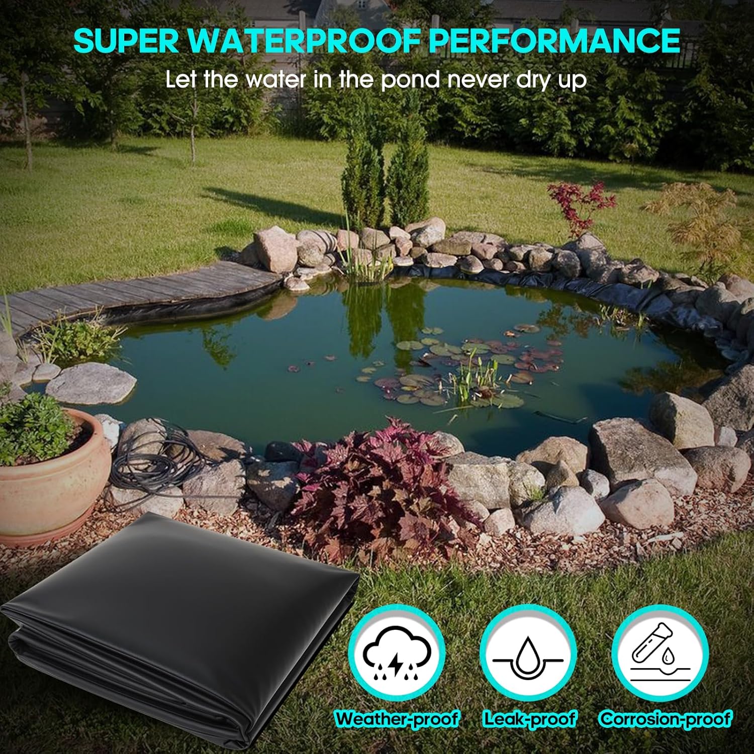 Bâche pour bassin à poissons, bâche pour piscine, bâche préfabriquée, adaptée aux étangs, au jardinage, 1,2 m x 2,1 m x 0,2 mm, noire - 2