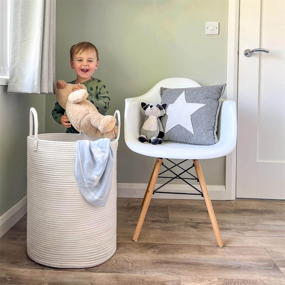 Cesto Portabiancheria In Corda Di Cotone Con Coperchio - Beige/Nero - Organizer Per Giocattoli E Vestiti (Alto 35cm, Ø39cm)