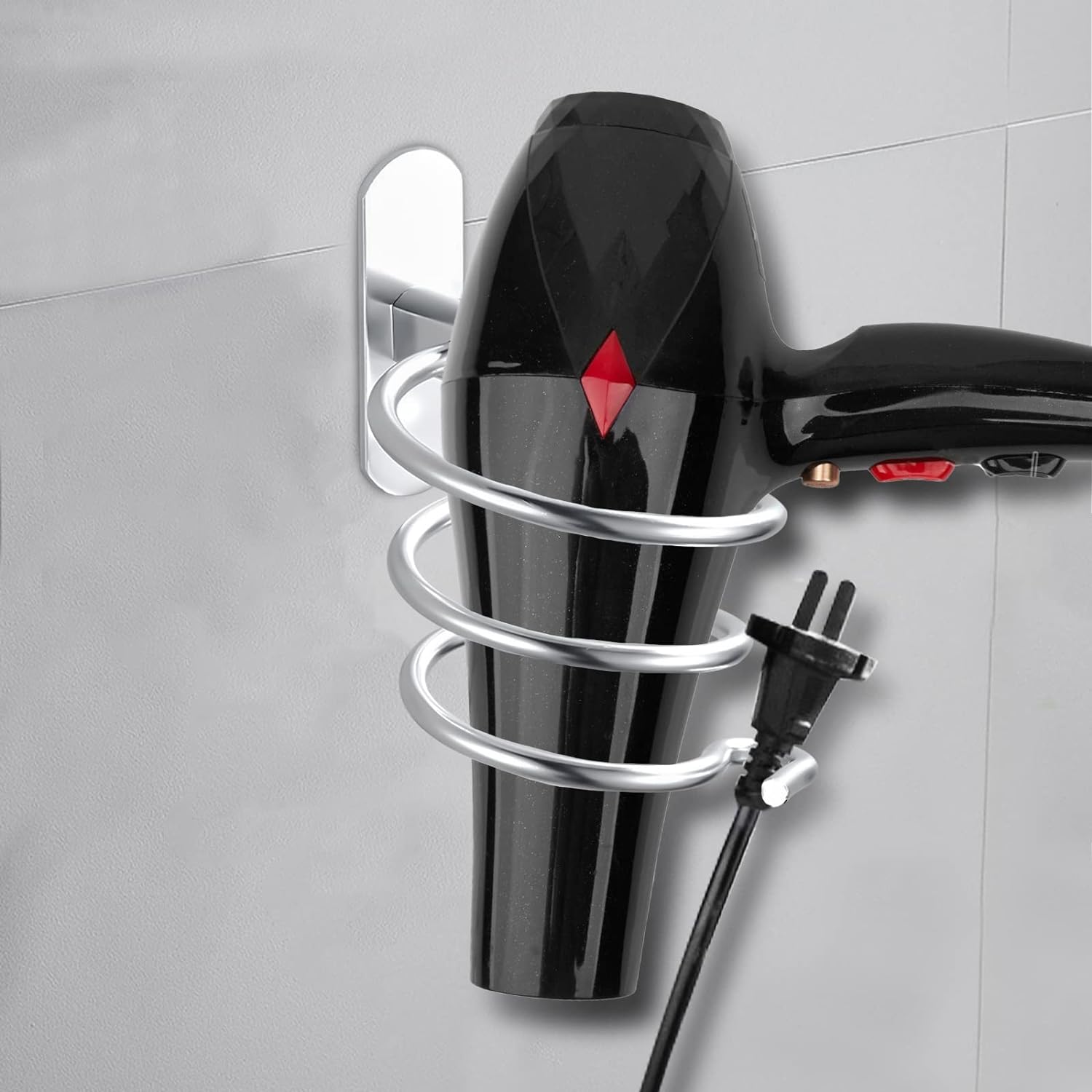 Uchwyt na suszarkę do włosów spiralny, aluminiowy uchwyt ścienny na suszarkę do włosów, bez wiercenia, srebrny