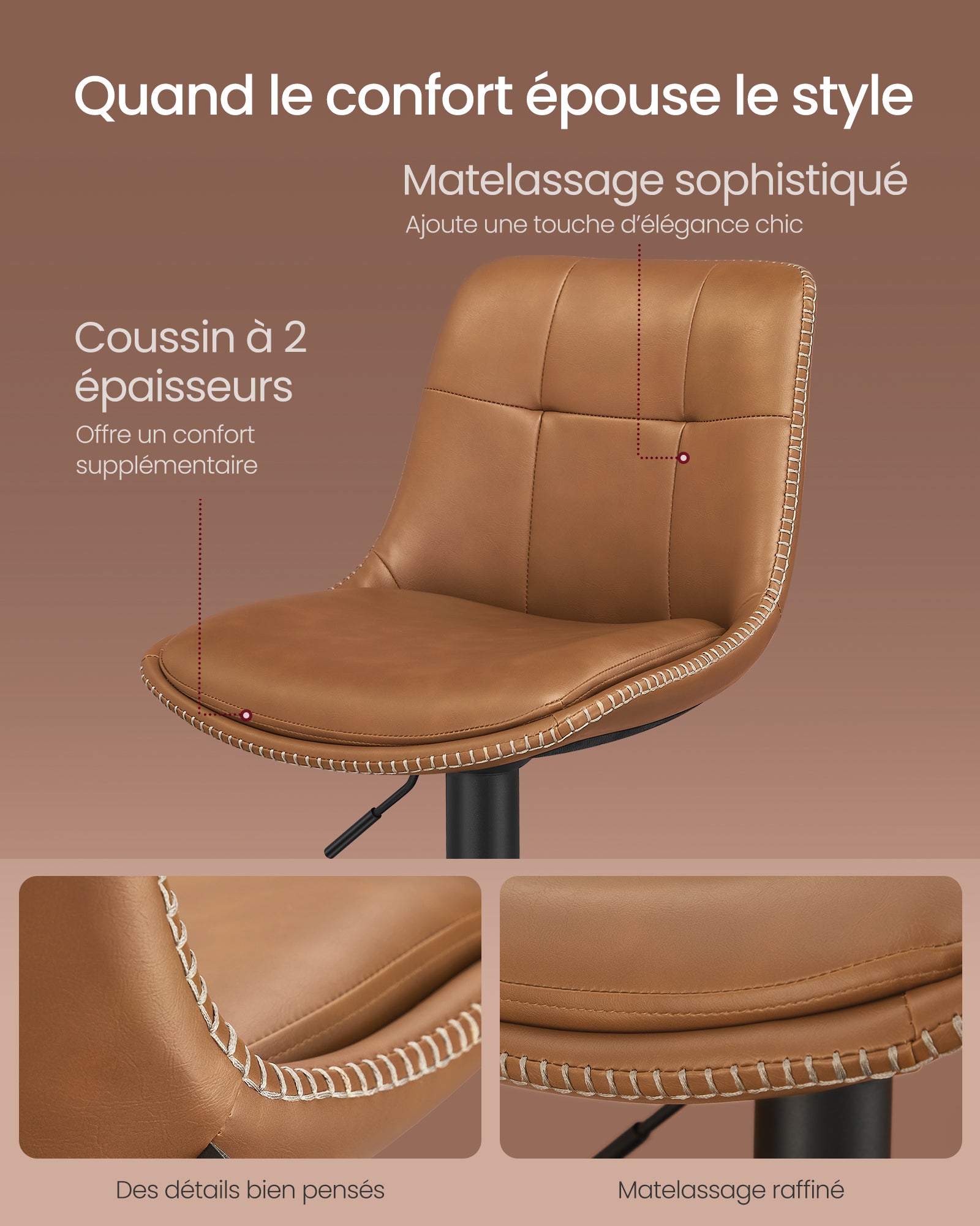 Tabourets de Bar, Lot de 2, Siège Pivotant à Hauteur Réglable, Matelassé, avec Dossier et Repose-Pieds, Marron Caramel - 4