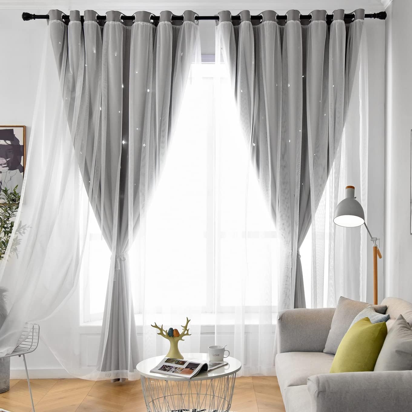 Fmfunctex Tende semitrasparenti in voile bianco argento per camera da letto, 228,6 cm di lunghezza, per soggiorno, rami, con occhielli, in lino, testurizzate, filtranti la luce, tende per sala da