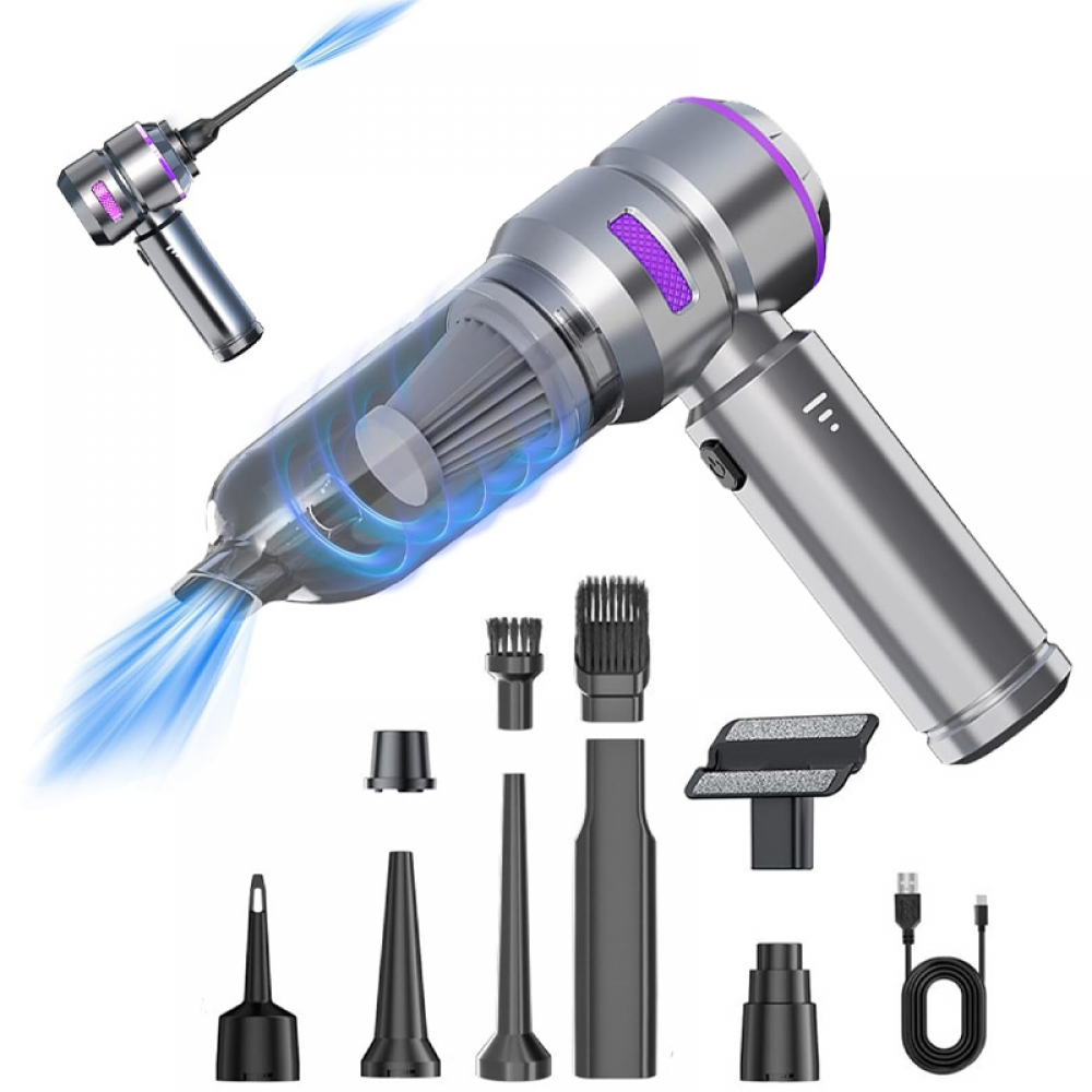 Odkurzacz ręczny – odkurzacz samochodowy 16 000 Pa, 100 W – ładowany przez USB – 3 prędkości – wiele dysz – srebrny/fioletowy