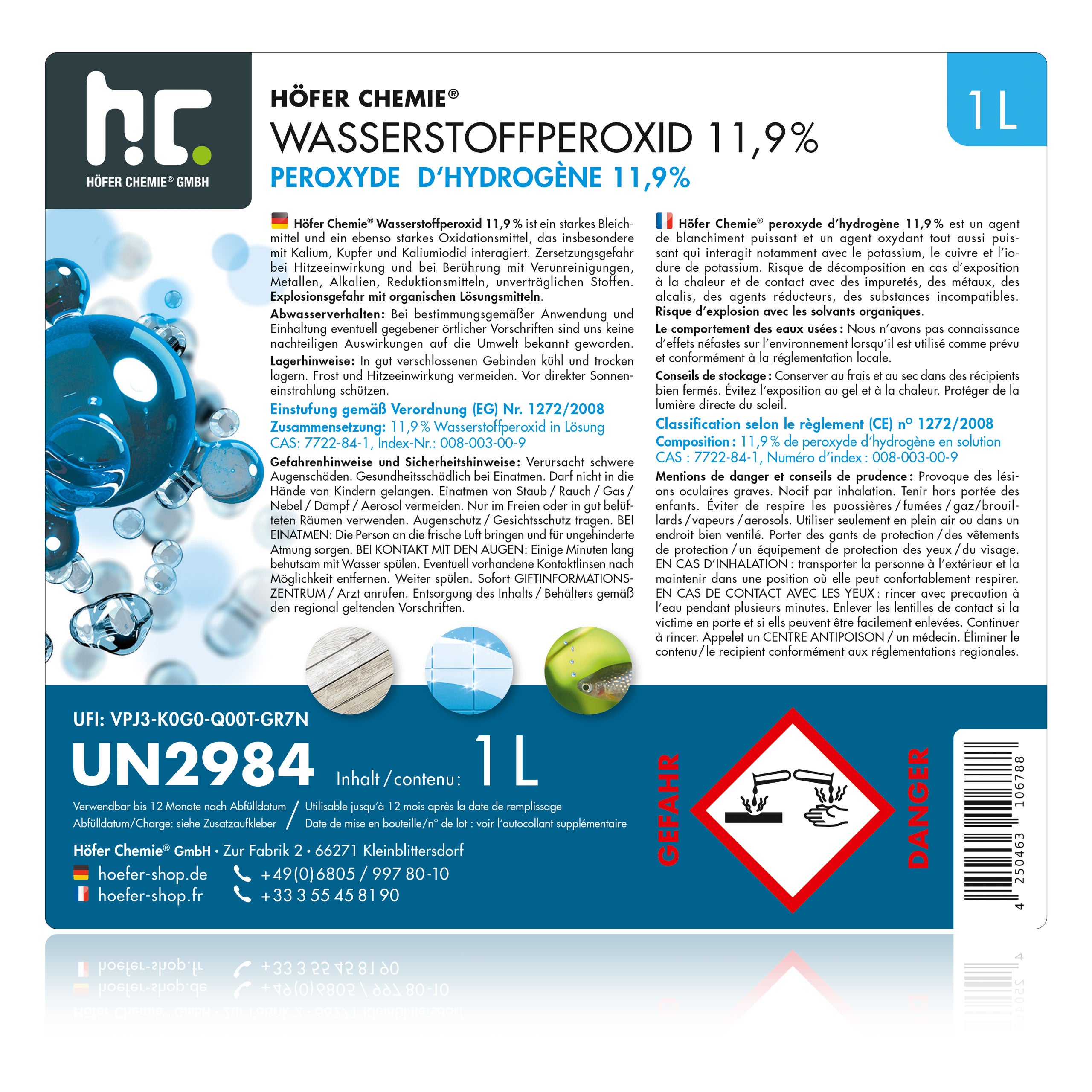 6 x Péroxyde d'hydrogène 11,9 % Höfer Chemie® en bouteille de 1 L - 6