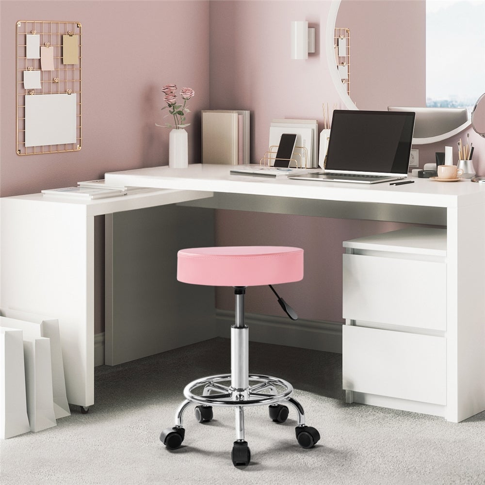 Tabouret Rond à Roulettes avec Assise Réglable en Hauteur et Revêtement en Similicuir Rose Yaheetech - 2