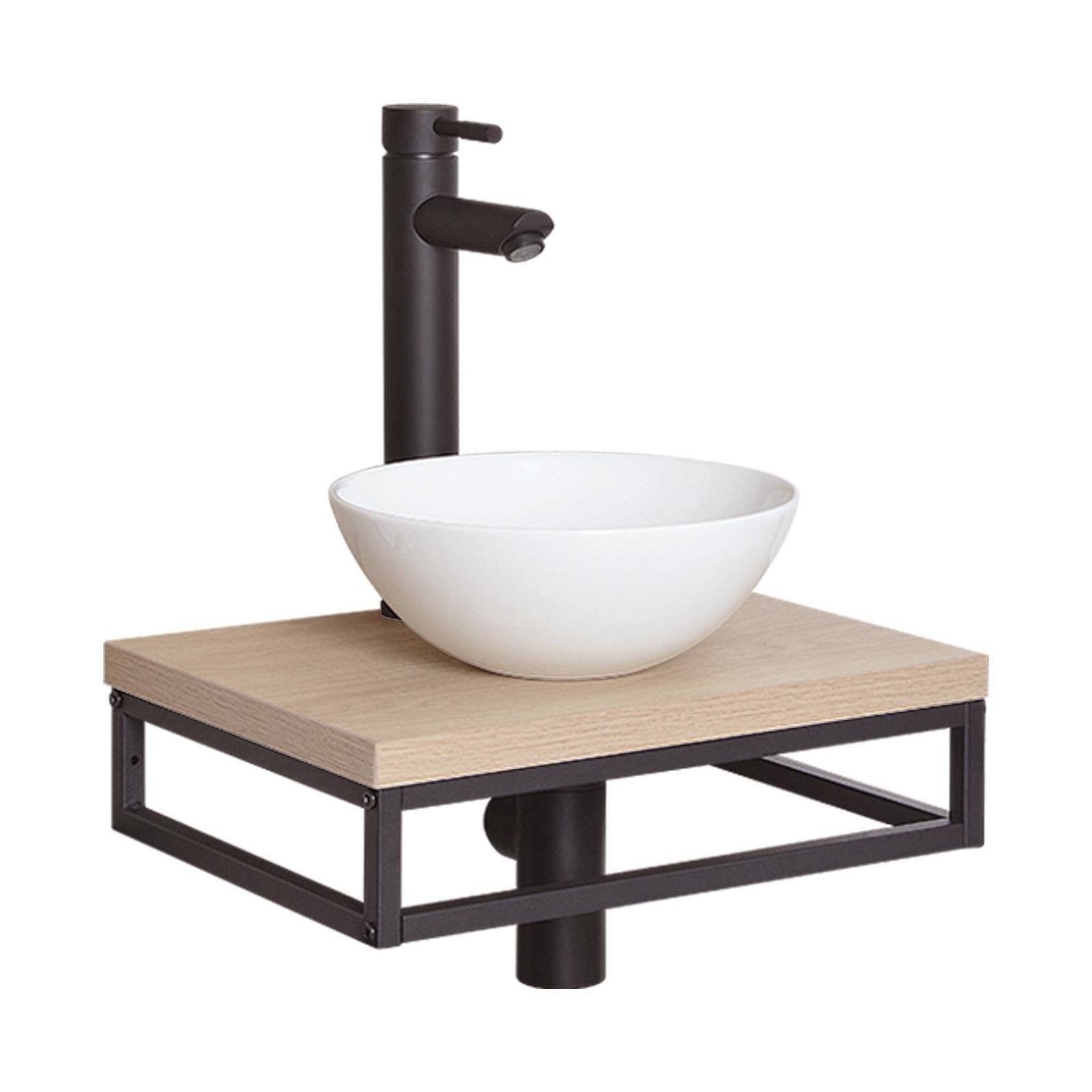 Meuble lave-mains SOHO plan fin et porte serviette dessous vasque blanche - 2