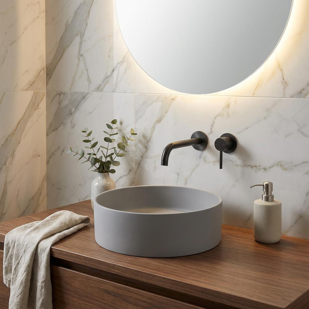 Lavabo rond en granit avec plan d'appui Ø36 cm gris métallisé - Delia ...