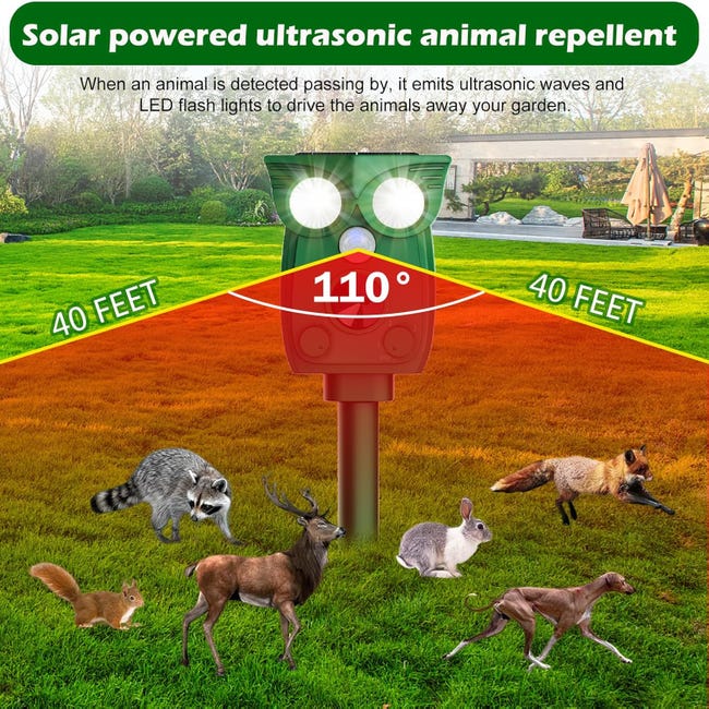 Repellente Per Gatti A Ultrasuoni Da Giardino Con Sensore PIR – Impermeabile IP55, Ricarica Solare, 4 Modalità Con Luce Lampeggiante E Allarme Sonoro