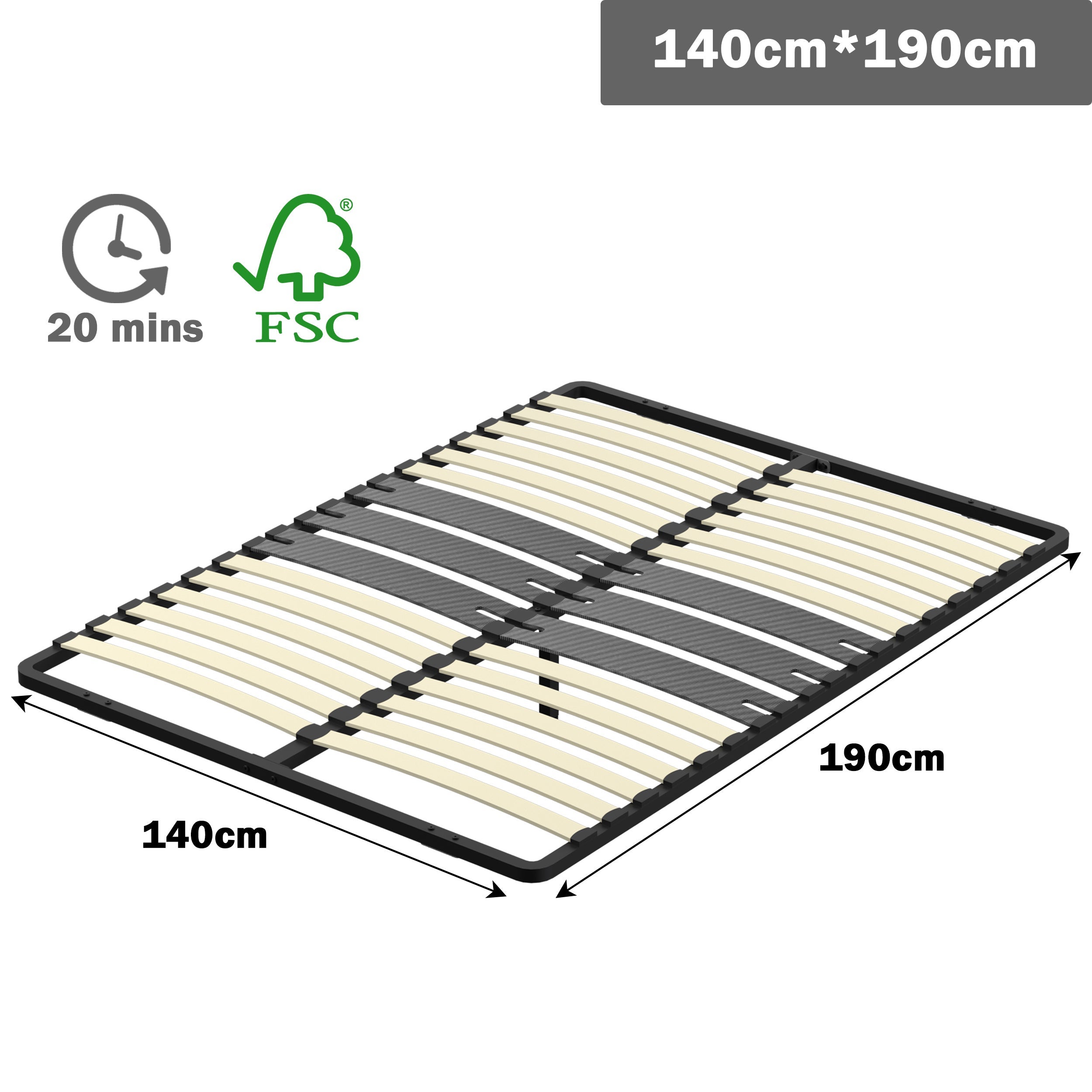 DEWINNER Cadre lattes 140x190 cm, 2x15 Lattes Peuplier Naturel - 6