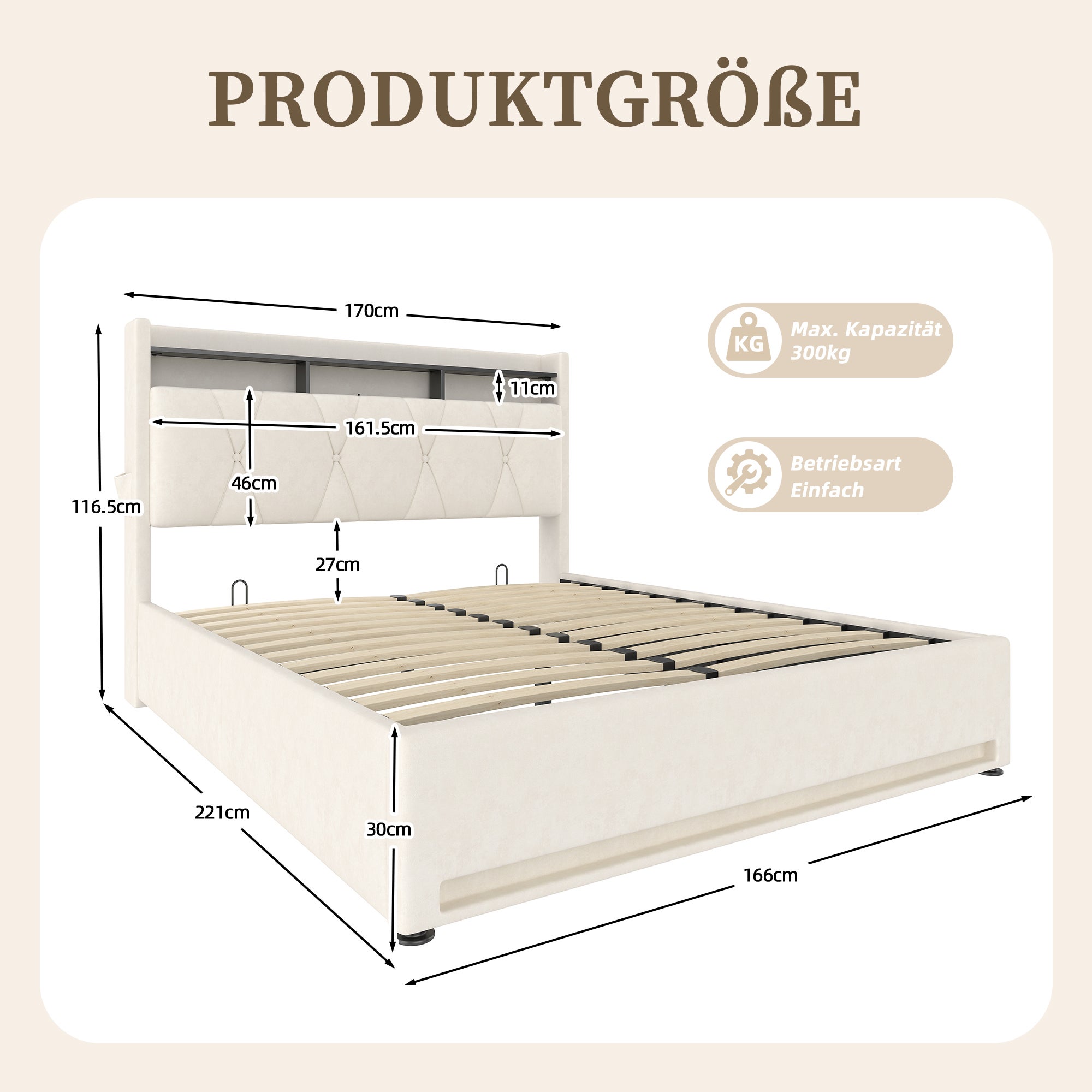 Feonase Struttura Letto Queen Size In Metallo Con Porte USB E Type-C - Testiera Imbottita In Velluto - Spazio Contenitore 30,5 Cm