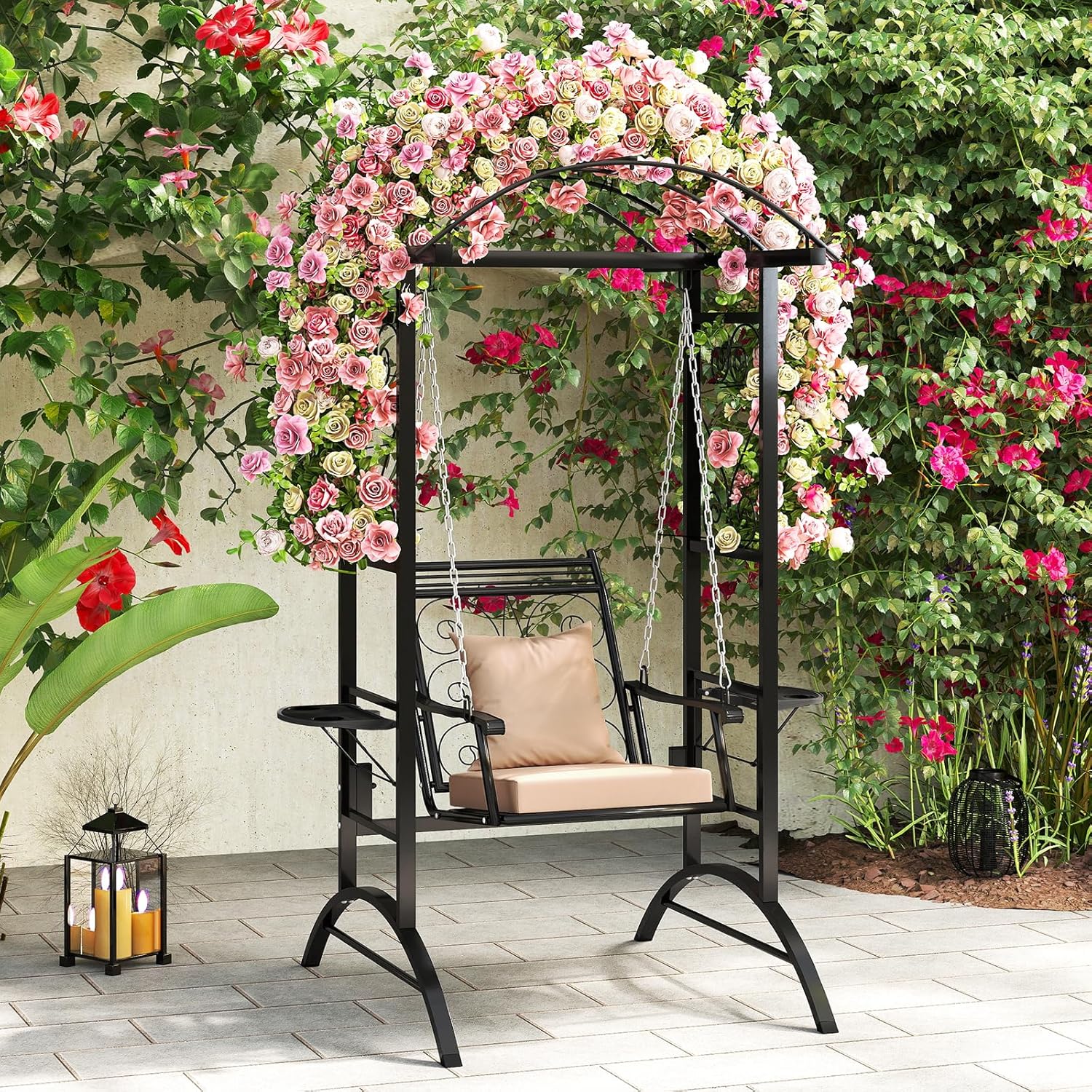 Balancelle d’Extérieur avec Support et 2 Treillis pour Adultes, Chaise de Balcon avec Coussins Amovibles et Tables Latérales pour Jardin, Balcon - 8