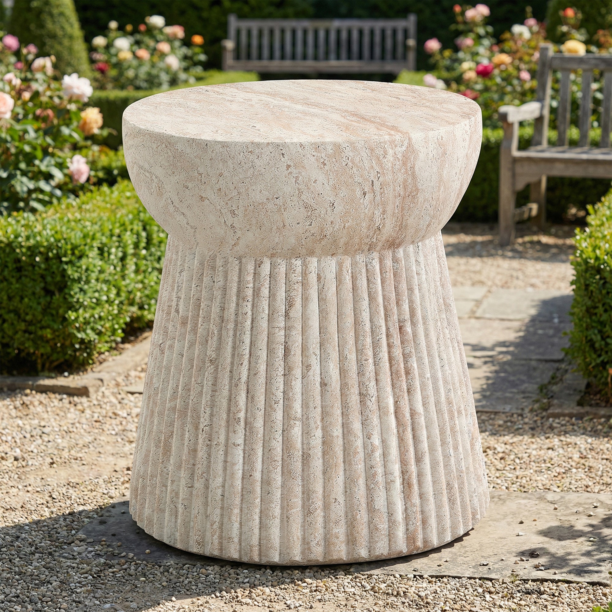 Table d'Appoint de Jardin Design Minéral - 38x38x43cm - Tabouret Bas en Magnésie Effet Pierre - Résistant UV & Intempéries - Naturel - 3