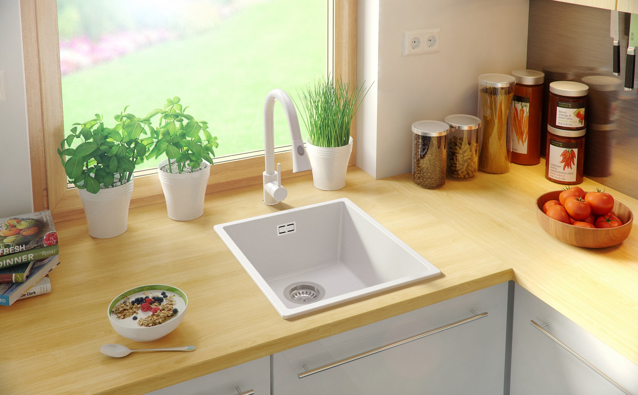 Lavandino da Cucina Bianco 41x47cm, Lavello in Granito a 1 vasca + Sifone Classico + Accessori, Lavabo da Cucina Incasso al mobile 45cm PRIMAGRAN - 9