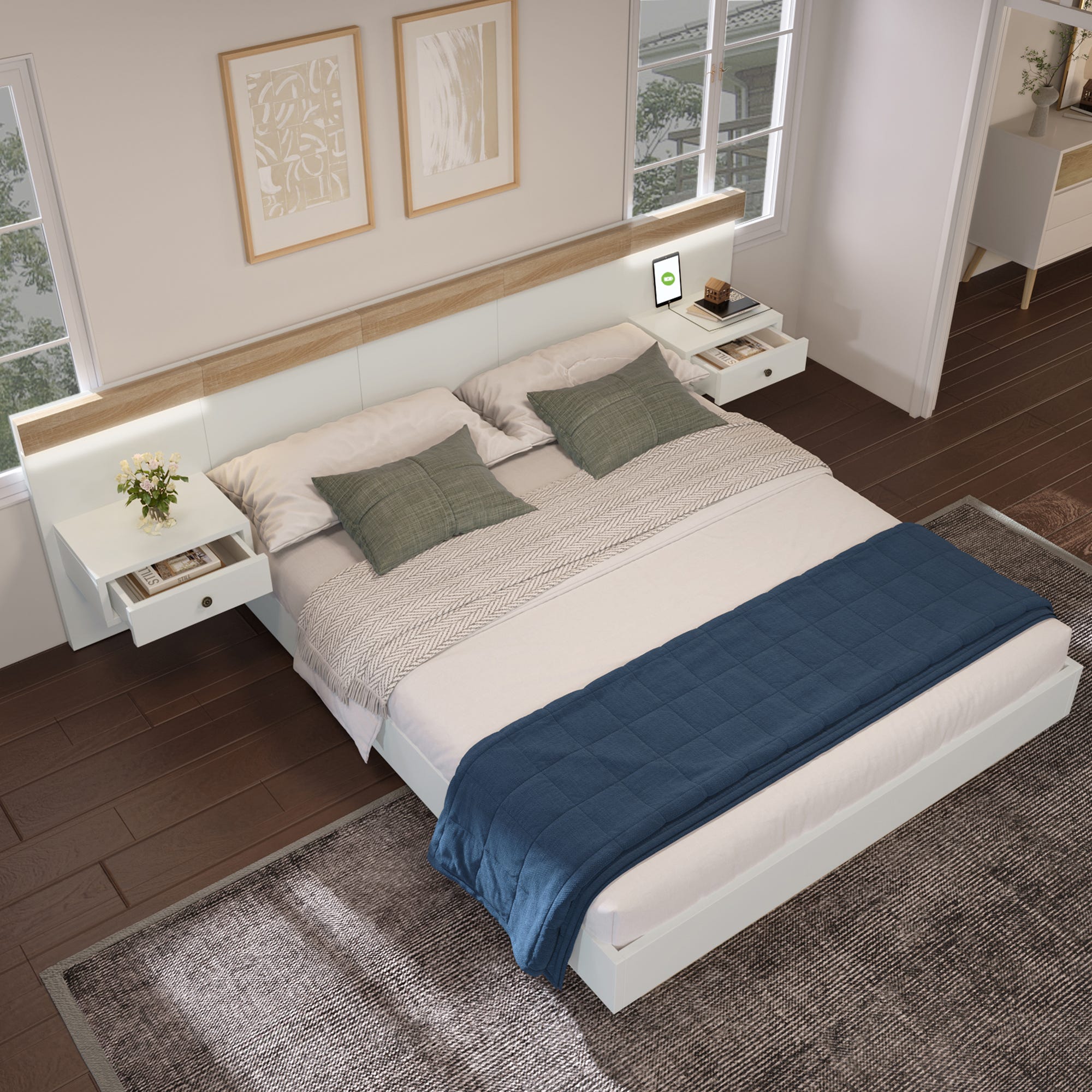 Lit adulte 160x200 cm en bois avec chevets suspendus + LED et ports USB ...
