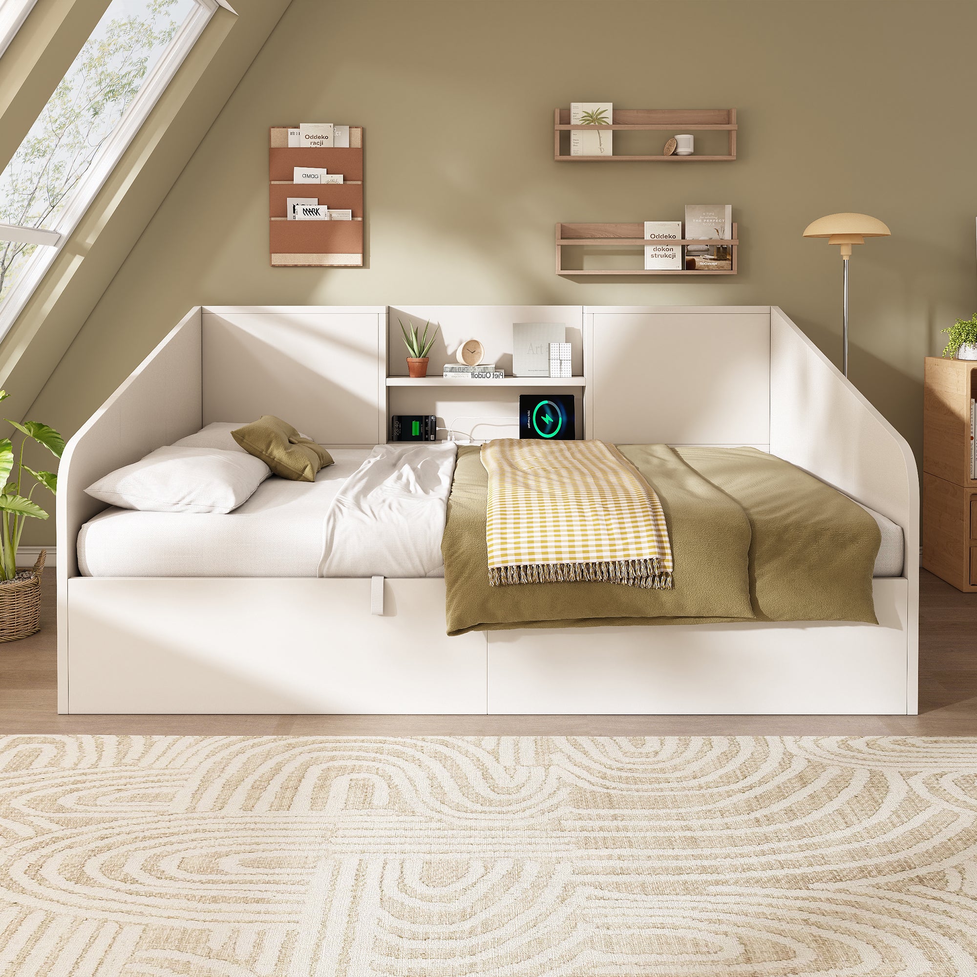 Sofa rozkładana z pojemnikiem 140x190 cm - z USB/typu C - z 2 półkami - płyta MDF + lite drewno - biała (bez materaca) - 4