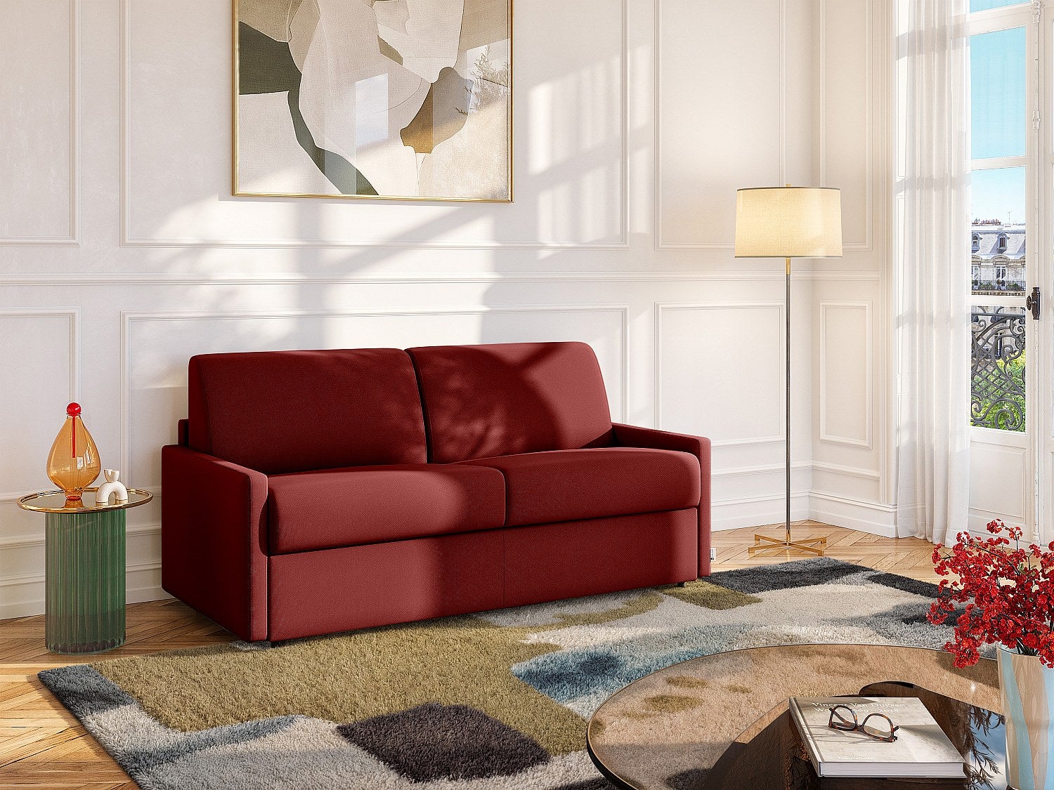 Kanapa 2-osobowa z ekspresowym mechanizmem rozkładania z ekoskóry CALIFE - Kolor: czerwony - Miejsce do spania: 120 cm - Materac 22 cm z pamięcią kszt