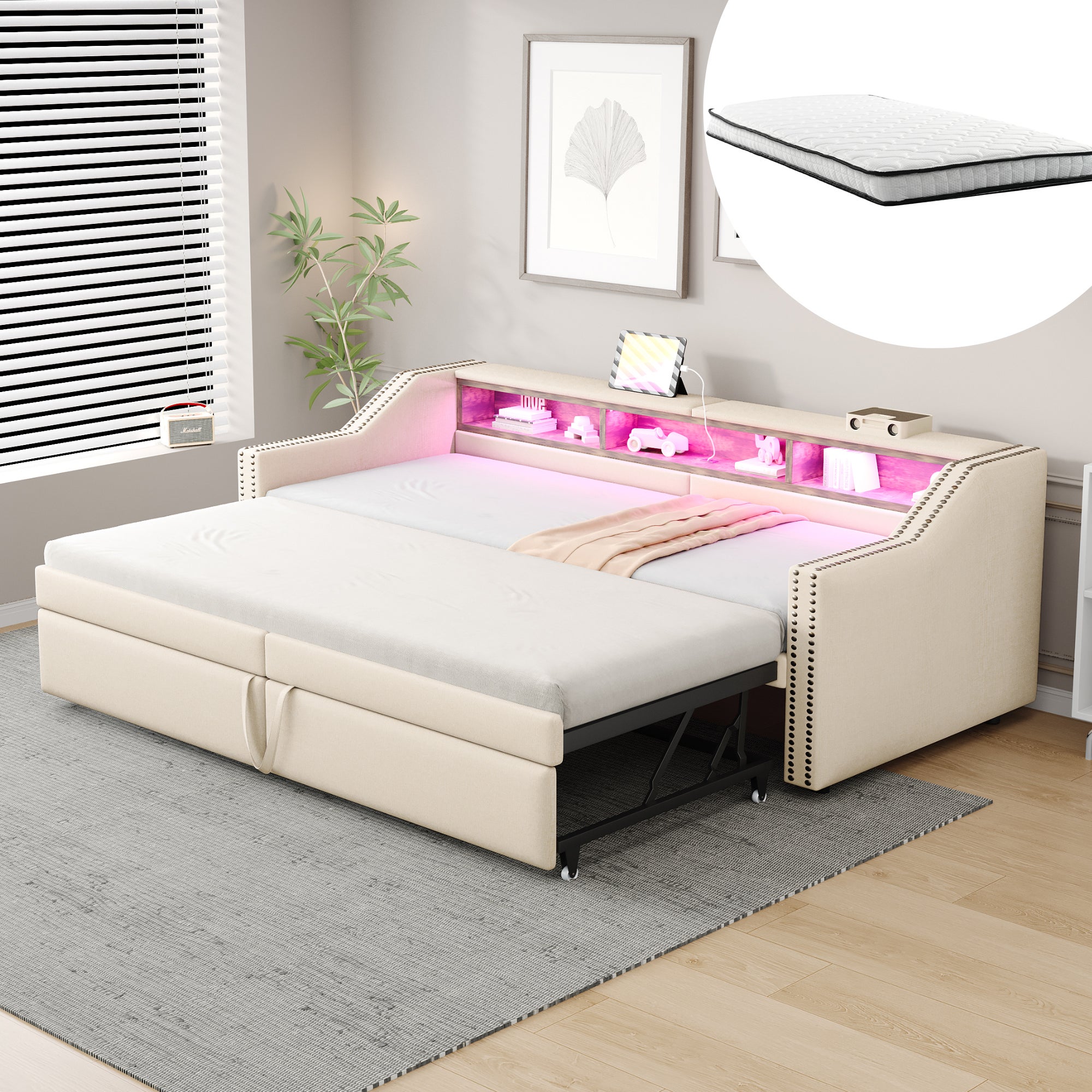 Łóżko wysuwane 90/180 x 200 cm z 3 przegrodami - LED + porty USB - Tkanina lniana - Szaro-beżowy (z 2 materacami sprężynowymi)