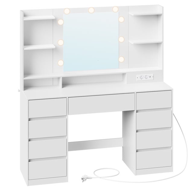 Coiffeuse avec Miroir LED, Multiprise, 9 Tiroirs, 9 Ampoules, Éclairage 3 Couleurs, Blanc