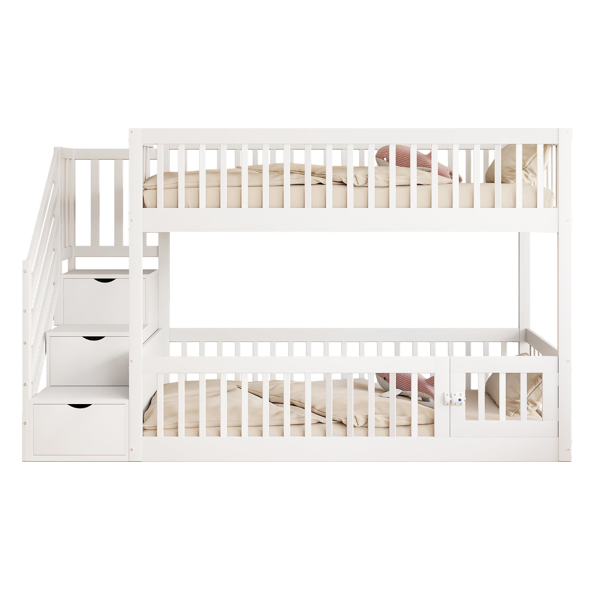 Lit superposé 90x200cm - avec escalier de sécurité - avec 3 tiroirs - Blanc (matelas non inclus) - 4