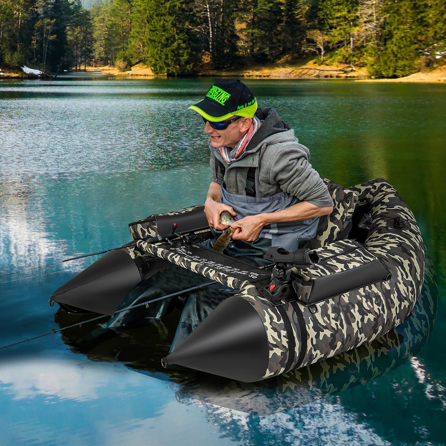 Barco de Pesca Inflável com Encosto e Pagaia, Barco Inflável com Régua para Peixes, Suporte para Cana, Bolsos de Armazenamento, Remos e Bomba. - 2