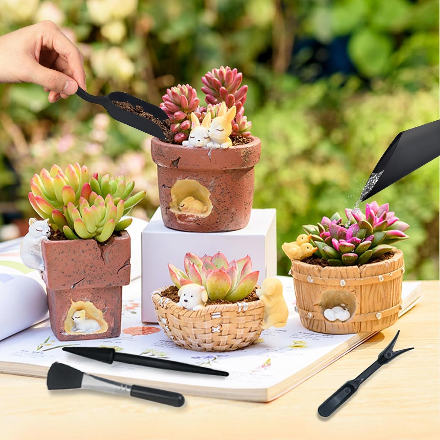 (Noir) Lot de 5 Outils de Plantation pour Plantes Grasses avec Brosse de Nettoyage, Outils de rempotage pour Jardin et Plantation à la Maison - 5
