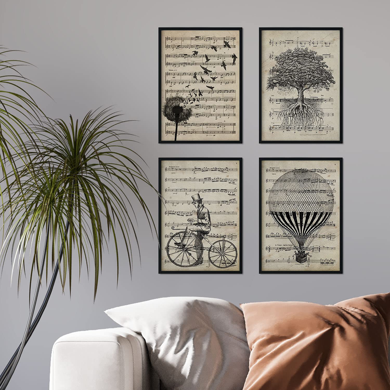 - set 4 láminas vintage partituras musicales - ãrbol vida, bicicleta, diente de leã³n y globo antiguo marco negro a4