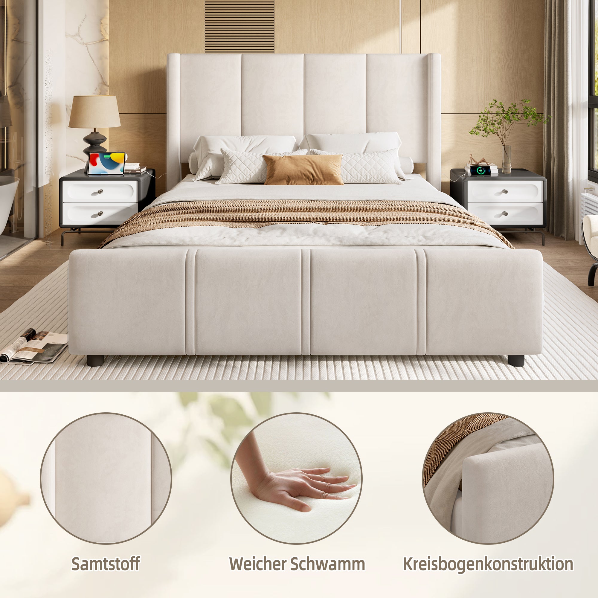Lit 160x200 avec USB ,Cadre de Lit Rembourré moderne avec tête et pied de lit hauts, Velours Beige(Sans Matelas) - 2
