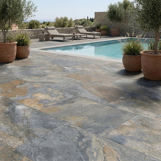 Dalle extérieur sur plots effet pierre Krabi 2.0 bleu R11 60x120 cm - Réflex Boutique