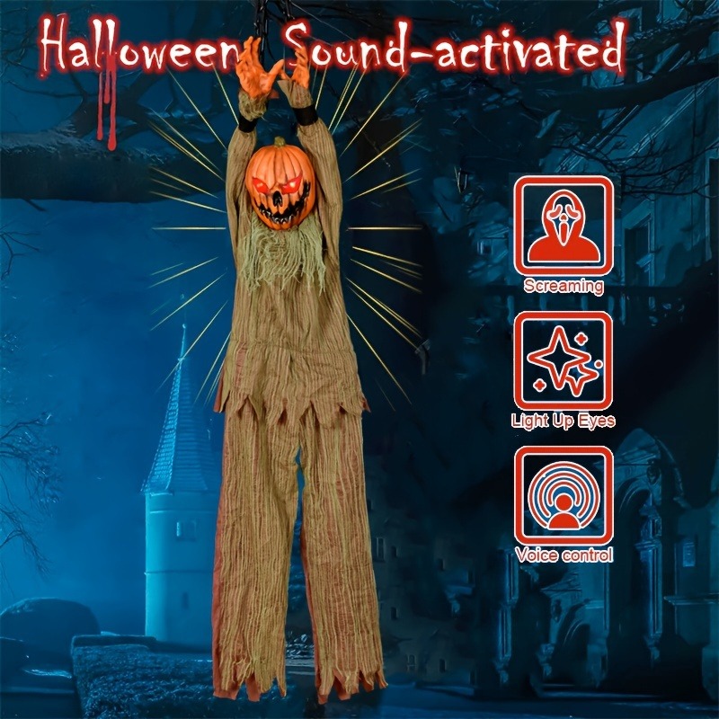Fantasma di zucca sospeso per Halloween con catena, occhi luminosi e suono horror, accessorio per casa infestata - 5