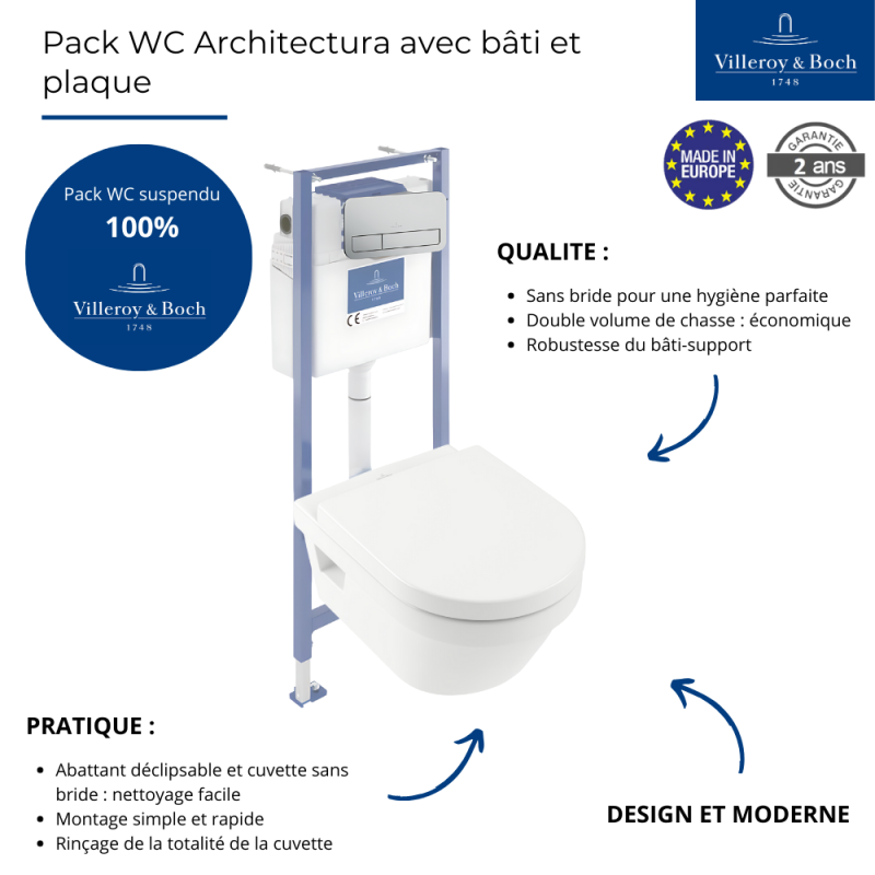 Pack WC sans bride VILLEROY ET BOCH Architectura avec abattant + bâti-support sol et mur Viconnect PRO + plaque chromée mat - 4