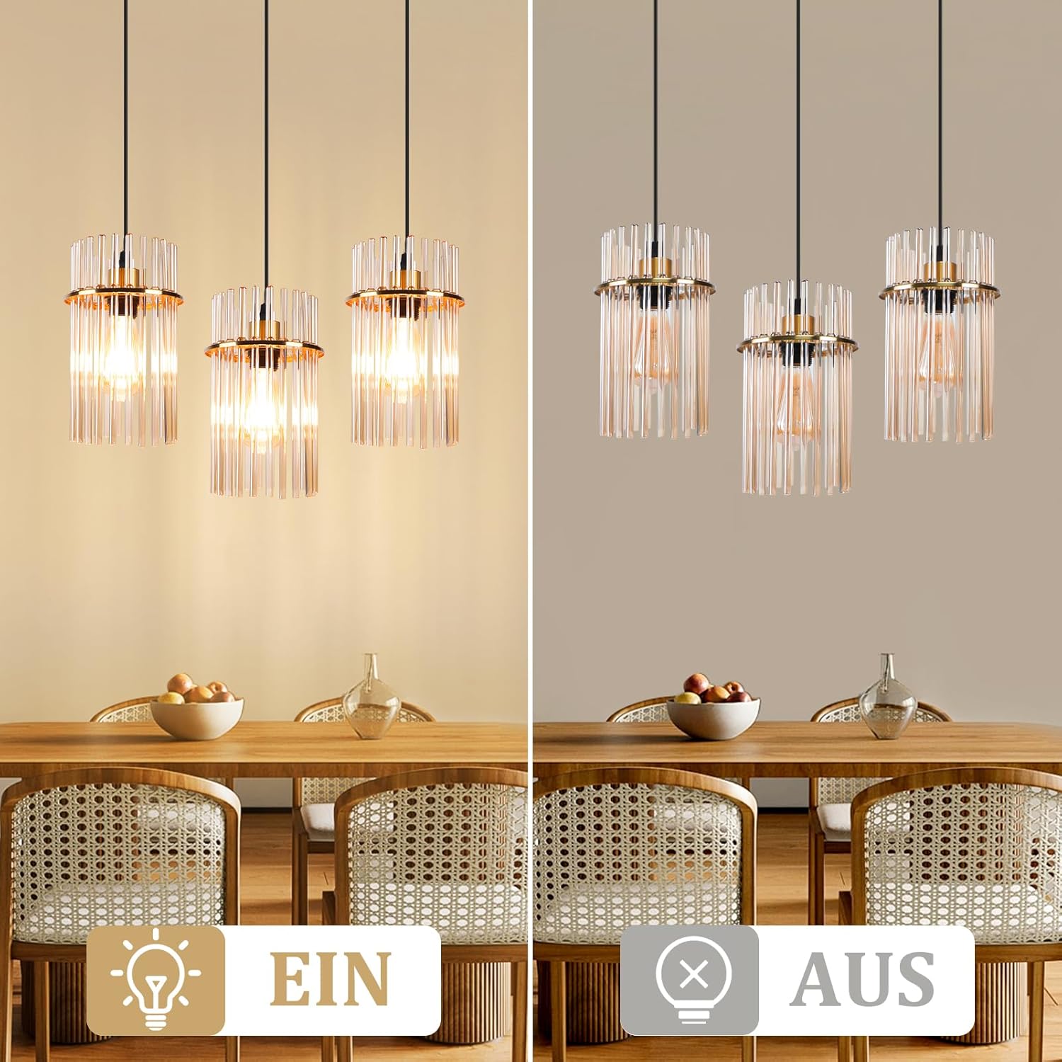 Candeeiro Pendente Vintage Gold Nettlife, 3 Lâmpadas em Vidro, Casquilho E27, Ø 16 cm, para Mesa, Cozinha (sem lâmpadas). - 8