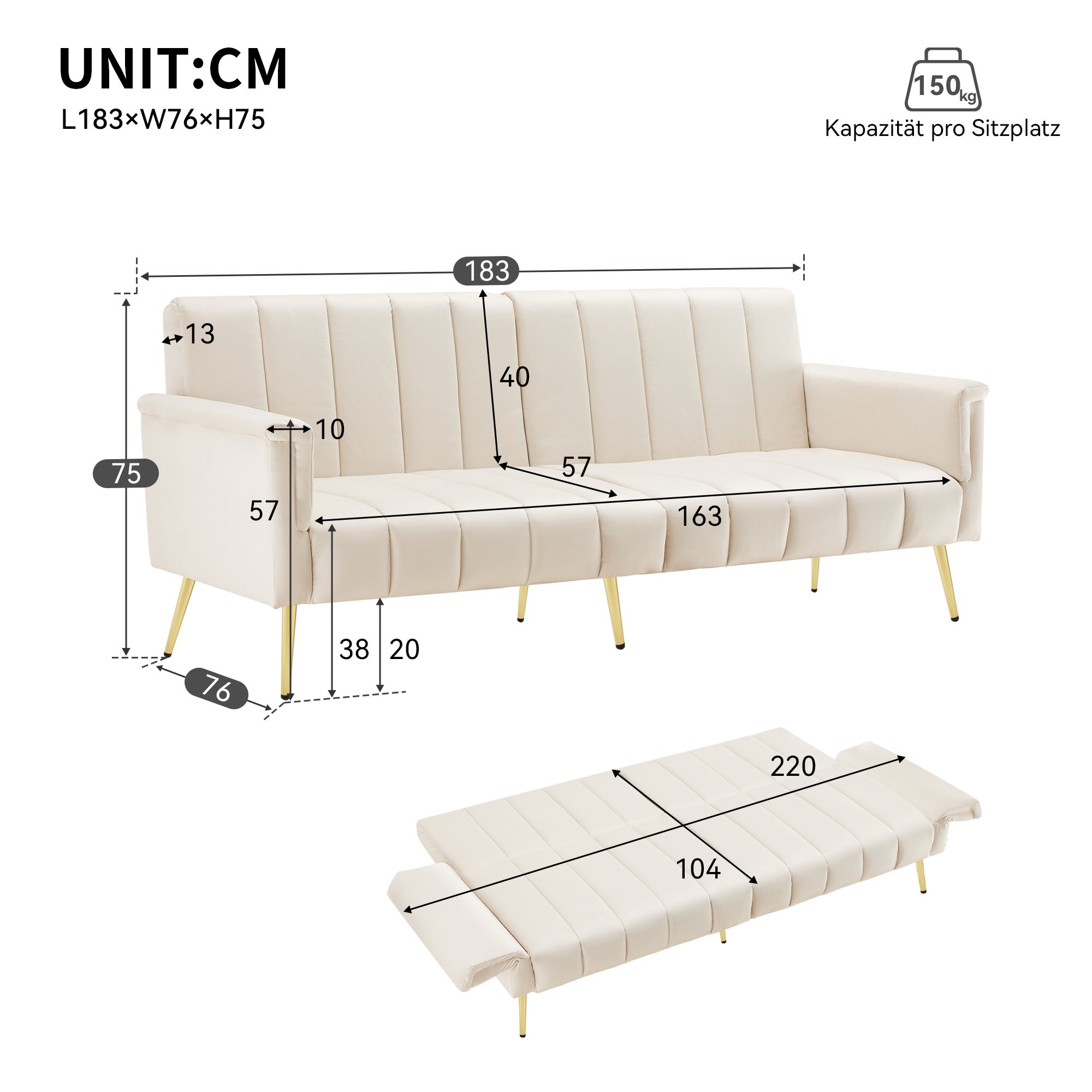 Canapé convertible 2 places avec pieds auxiliaires et fonction couchage, 183x76x75 cm, tissu velours, beige - 4