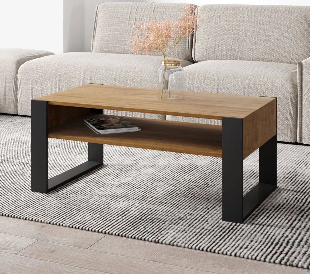 TABLE BASSE LOVY CHENE / NOIR - STYLE INDUSTRIEL - 120cm x 64 cm - 2