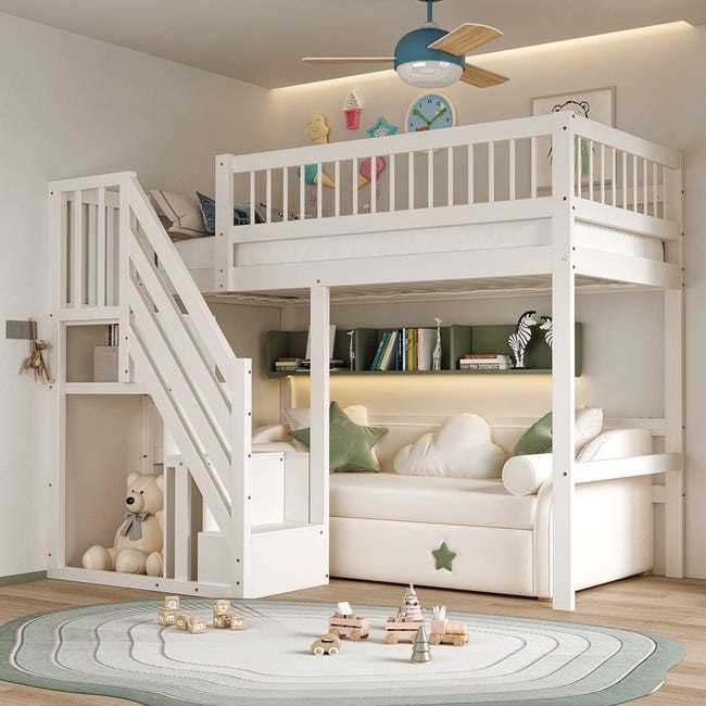 Lit mezzanine enfant 90x200 cm lit simple avec escalier et armoire de ...