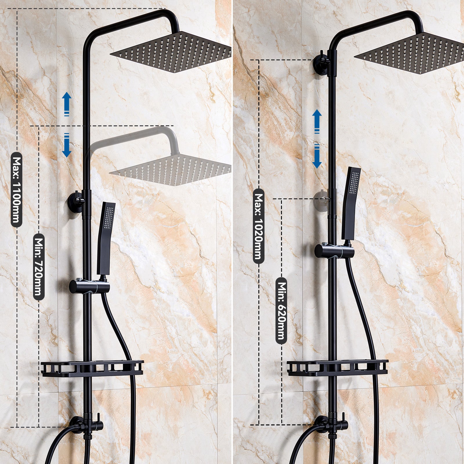 Auralum Max Colonne Douche Sans Mitigeur Noire,Tête Carrée 25×25 cm,Hauteur Réglable 72-110cm,Douchette Main,Étagère Sans Perçage/Flexible 1,5 m - 6