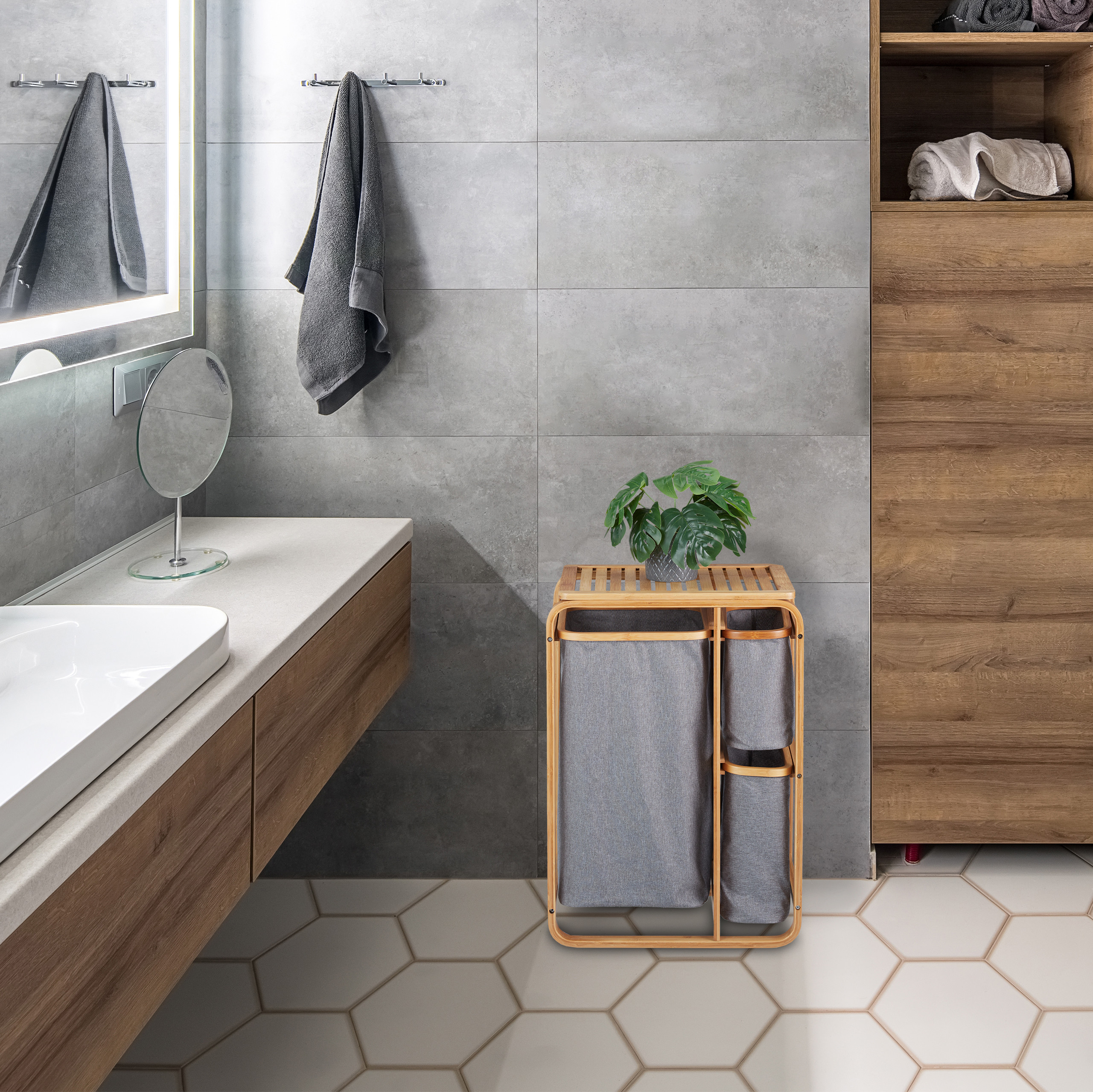 Relaxdays Meuble à linge, 3 bacs, bambou, étagère pour salle de bain avec compartiments, HLP 70x49x33,5 cm, nature/gris - 5