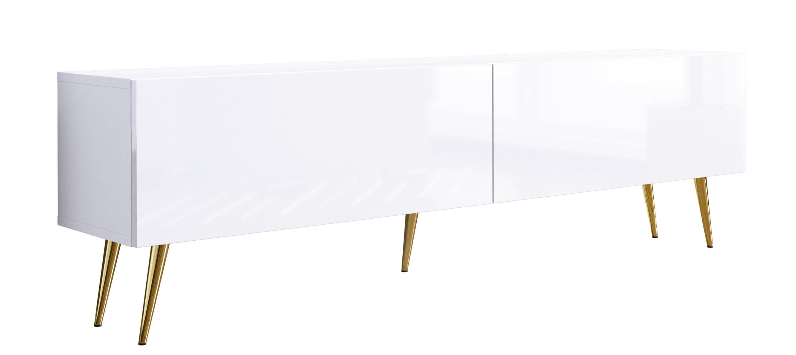 Szafka RTV : Biały Matowy / Biały Połysk, złote nogi, 170 x 32 x 52 cm
