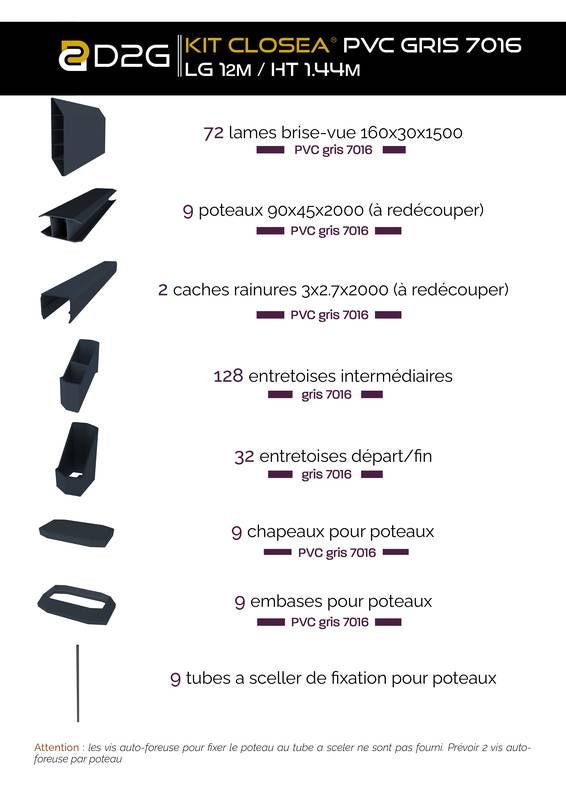 Kit cloture - Lame 16cm - PVC Gris - LG: 12m x H: 1m44 - 4